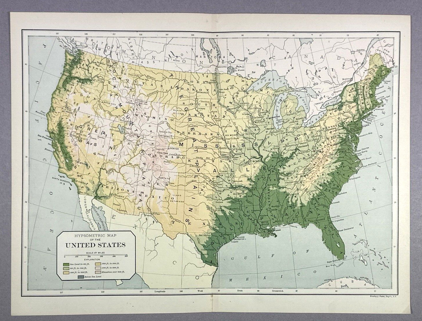 Antique Illustration 1901 Hypsometric Map of the United States Encyclopedia Pg
