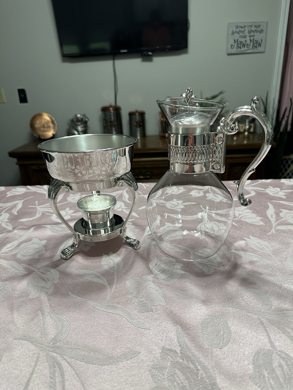 Vtg FB Rogers Silver Plate Coffee Carafe Pot w/ Candle Warmer Base Glass 48oz