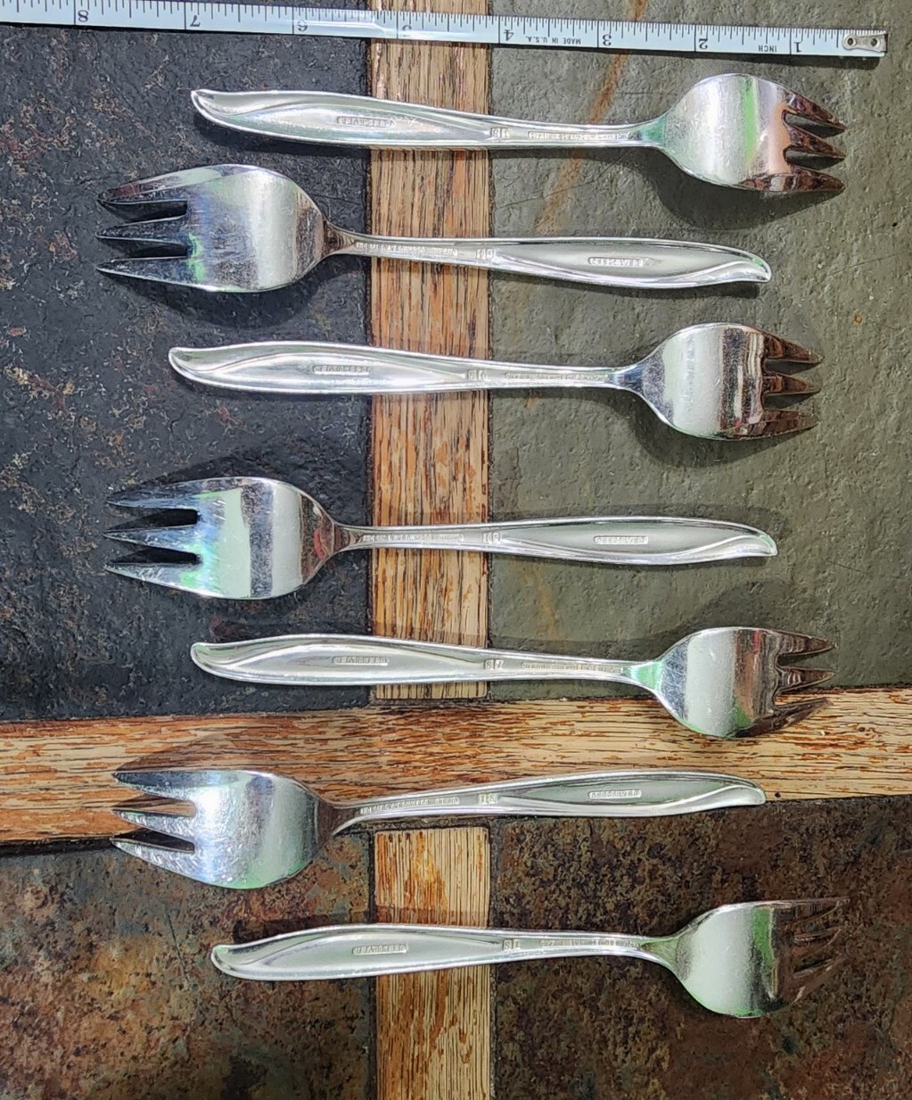 ✅ LOT OF 7 MID CENTURY c1958 WOODSONG SILVERPLATED “6 5/8” SALAD 🥗🍅 FORKS