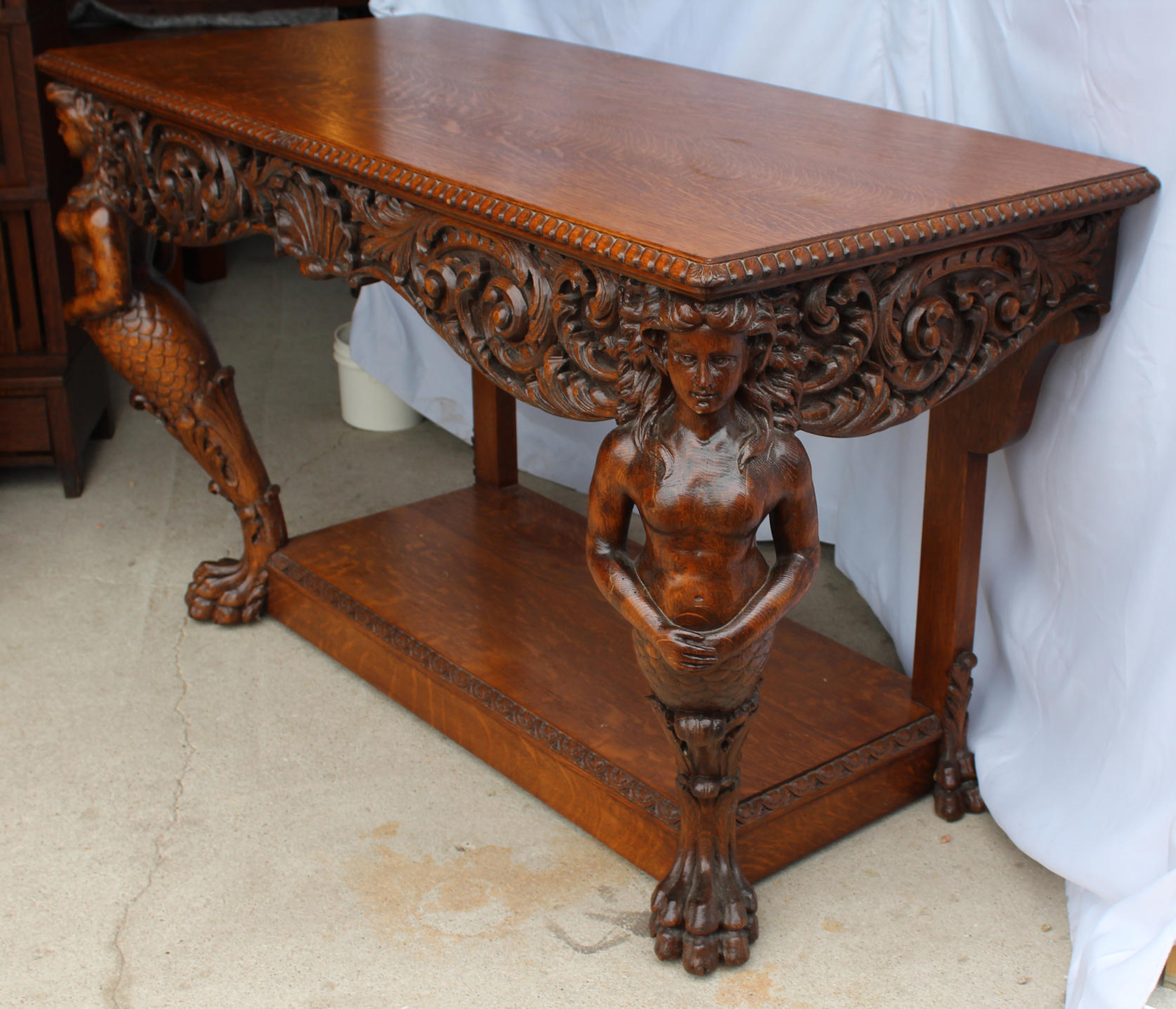 Antique Quarter Sawn Oak Console Table Carved Mermaids