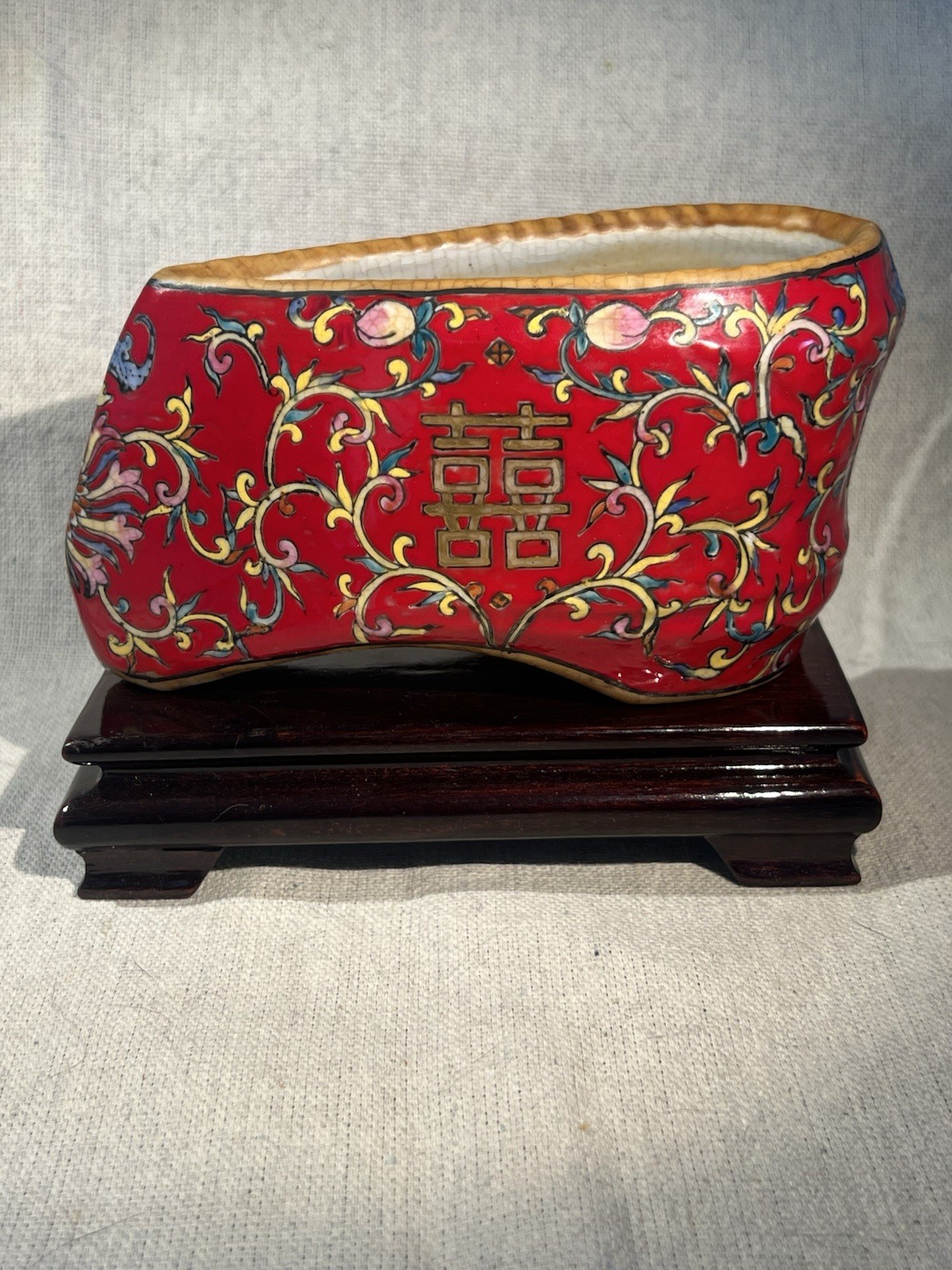 Antique Chinese Red Porcelain Lotus Shoe Qing Dynasty With Gilt Double Happiness