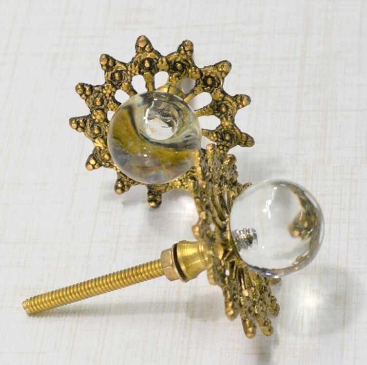 2 Antique Glass Drawer Pull Handle Clear Smooth Cabinet Knob Brass Ornate Base