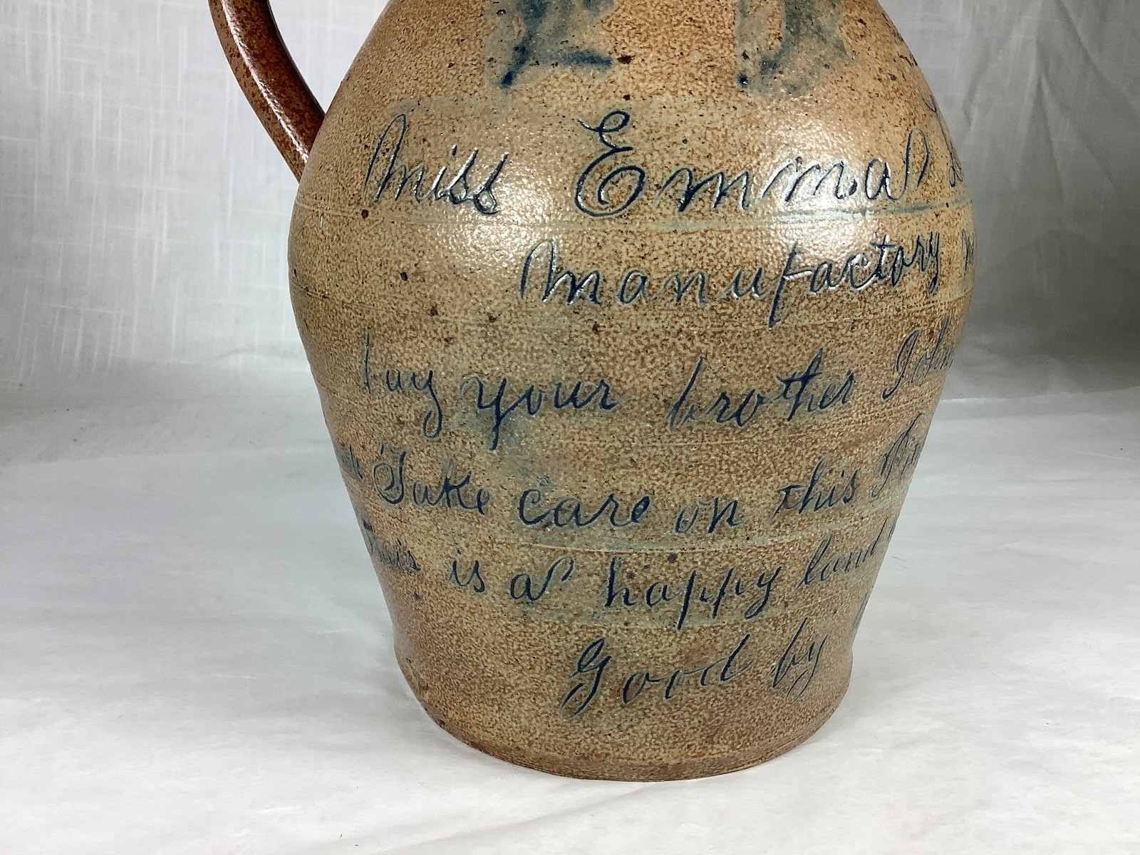 1893 SHENFELDER STONEWARE PRESENTATION PITCHER 6 LINE ZELLERS SCRIPT INSCRIPTION