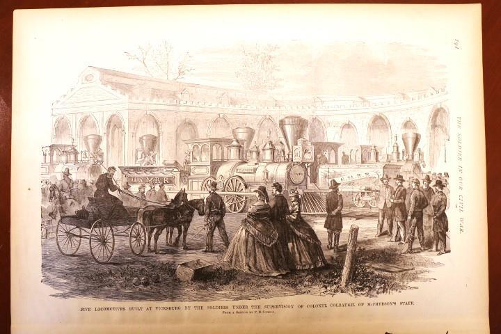 1892 CIVIL WAR ENGRAVING-FIVE LOCOMOTIVES BUILT AT VICKSBURG BY SOLDIERS