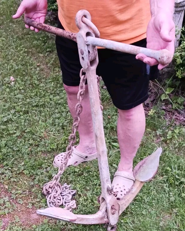 Antique 1800s Heavy Folding Cast Iron Sailboat Ship Boat Anchor & Chain 80lb 37″