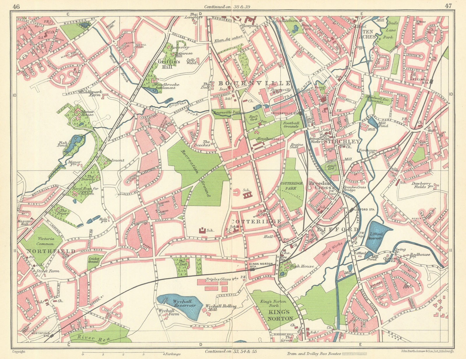 BIRMINGHAM SOUTH WEST Bournville Northfield King’s Norton Lifford 1949 old map