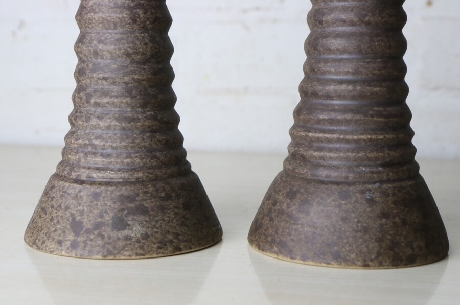 Pair Vintage Chinese Temple Candlesticks Heavy Ceramic Stoneware 20th Century