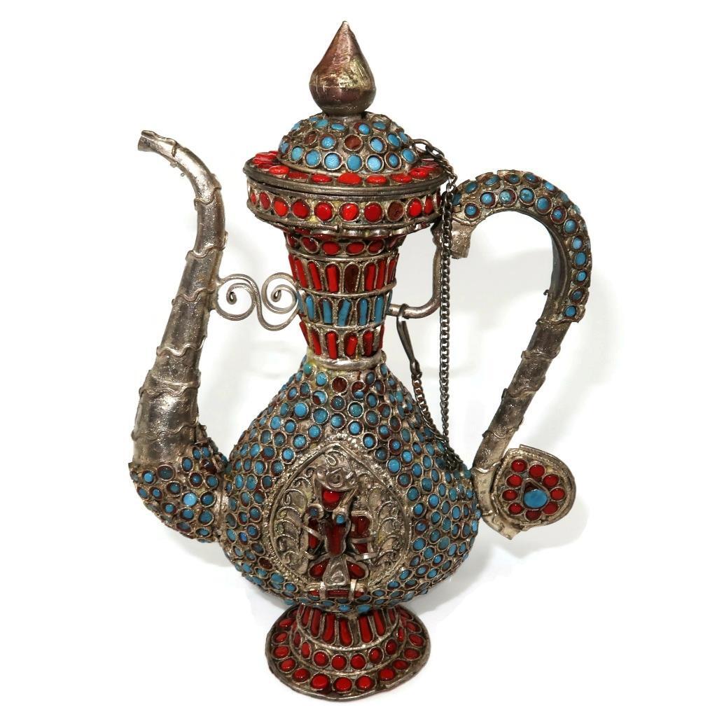Vintage Nepal Silver Filigree Coral Turquoise Ceremonial Ritual Ewer Jug, 6 3/8″