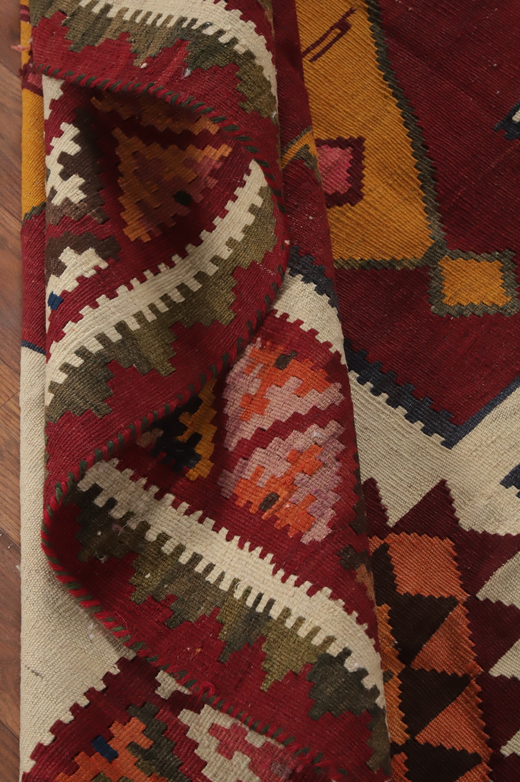 Ivory/ Red Vegetable Dye Kilim Flat-weave Area Rug Wool Reversible Carpet 5×8