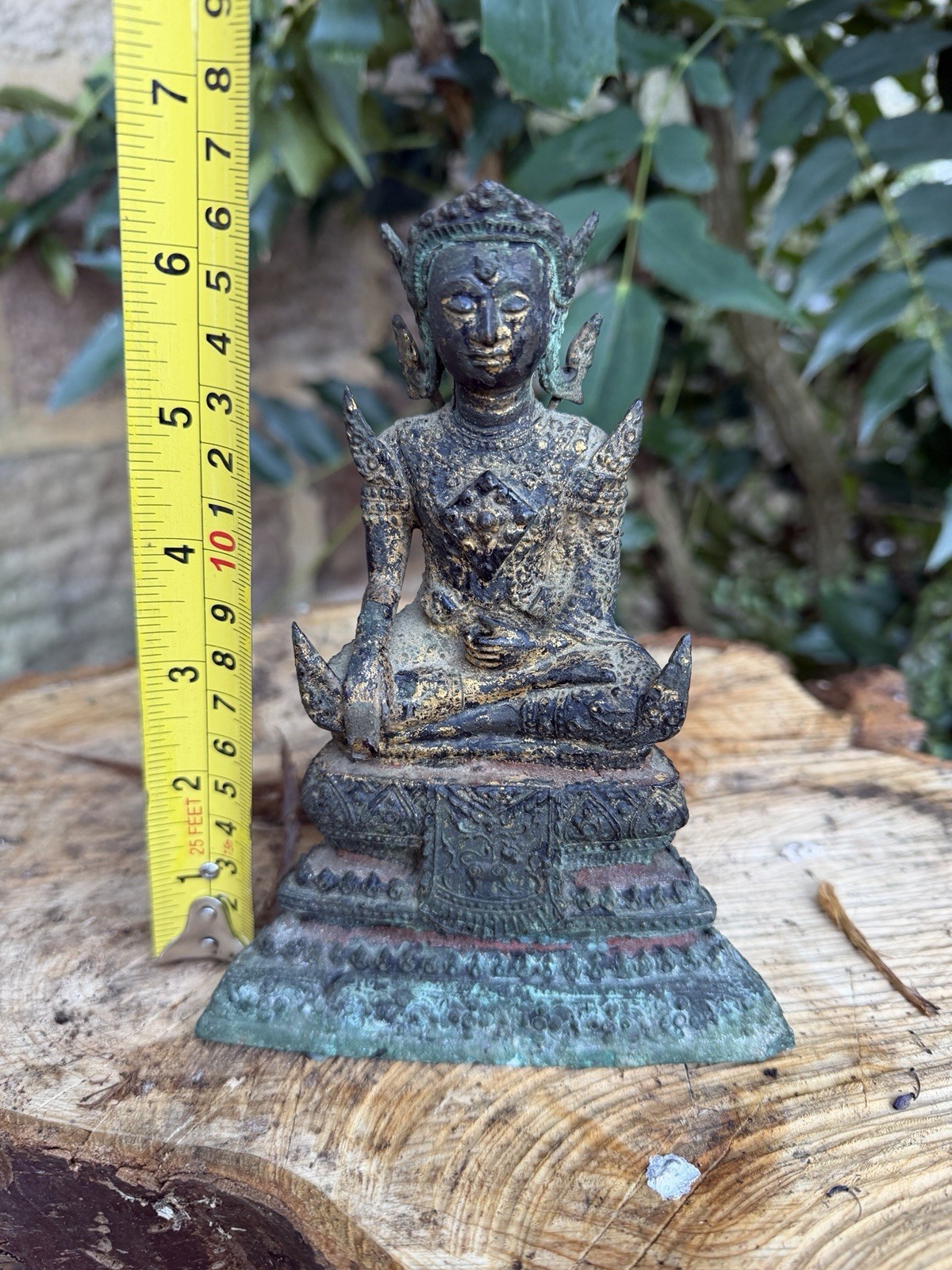 Vintage Thai Bronze Crowned Buddha Statue Ayutthaya Style Gilded Verdigris 16cm