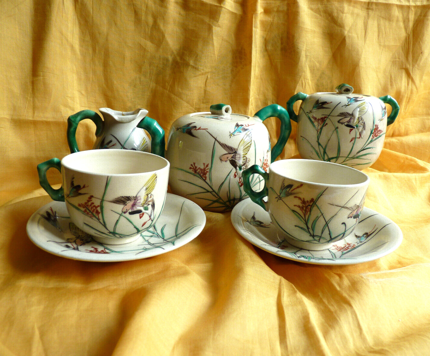 Antique Japanese Signed Ceramic Tea Set for 2 Handmade & Hand Decorated Birds