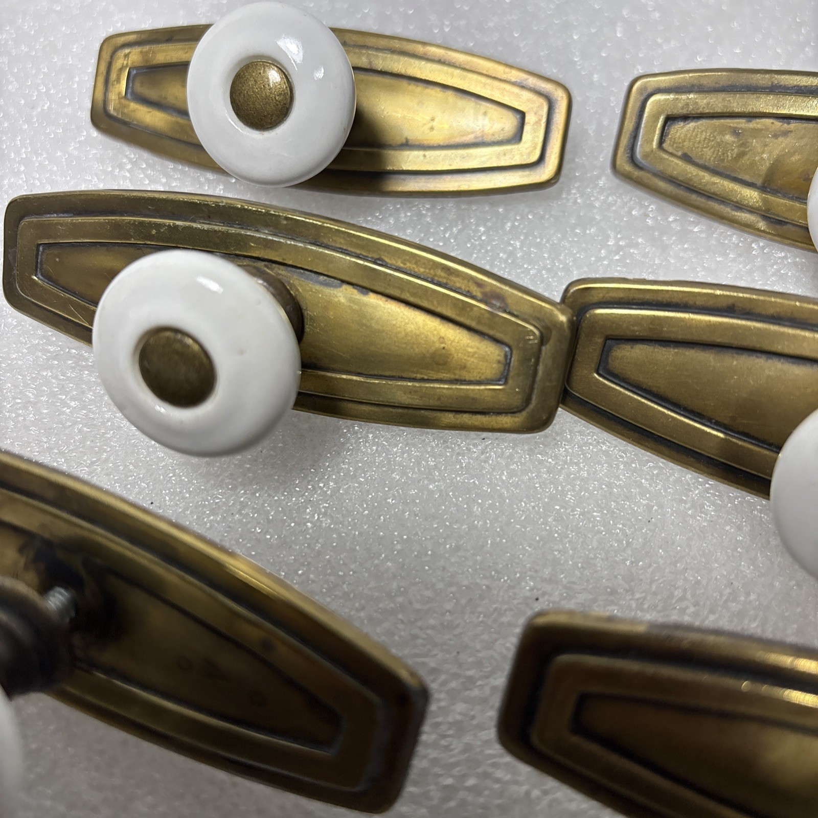 12 Twelve Brass Plate White Ceramic Knob Draw Pulls Center Screws 3.25”