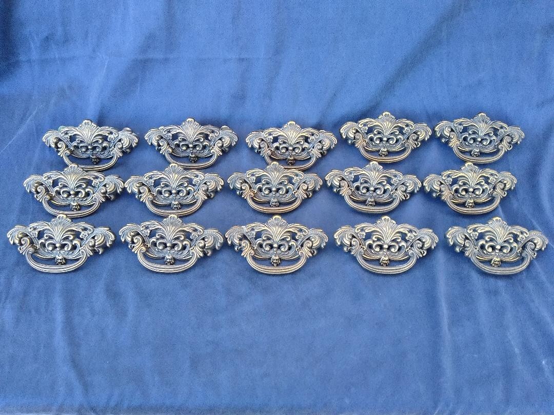 15 Vintage Ornate Brass DROP Bail Drawer Handles 3″ Center LEAFY & FLORAL MOTIF