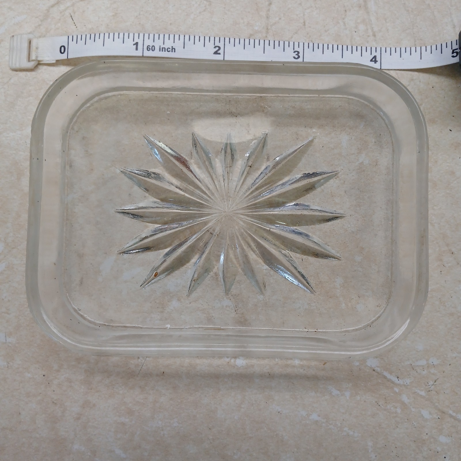 STARBURST PATTERN PRESSED GLASS SOAP DISH WITH FROSTED BOTTOM