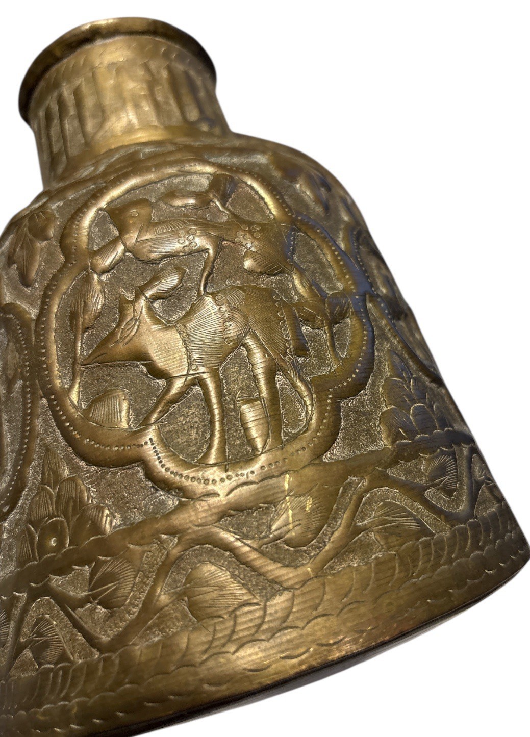 VTG Islamic Damascus Arabic Animals Hunting Hand Hammered Brass Pitcher Vase