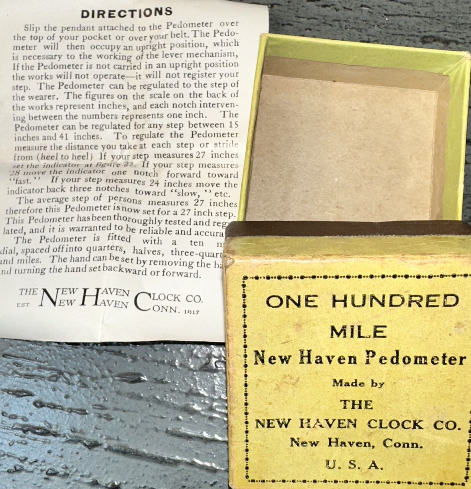 Antique Pedometer Original Box New Haven Clock Co Pocket Style w/ Instructions