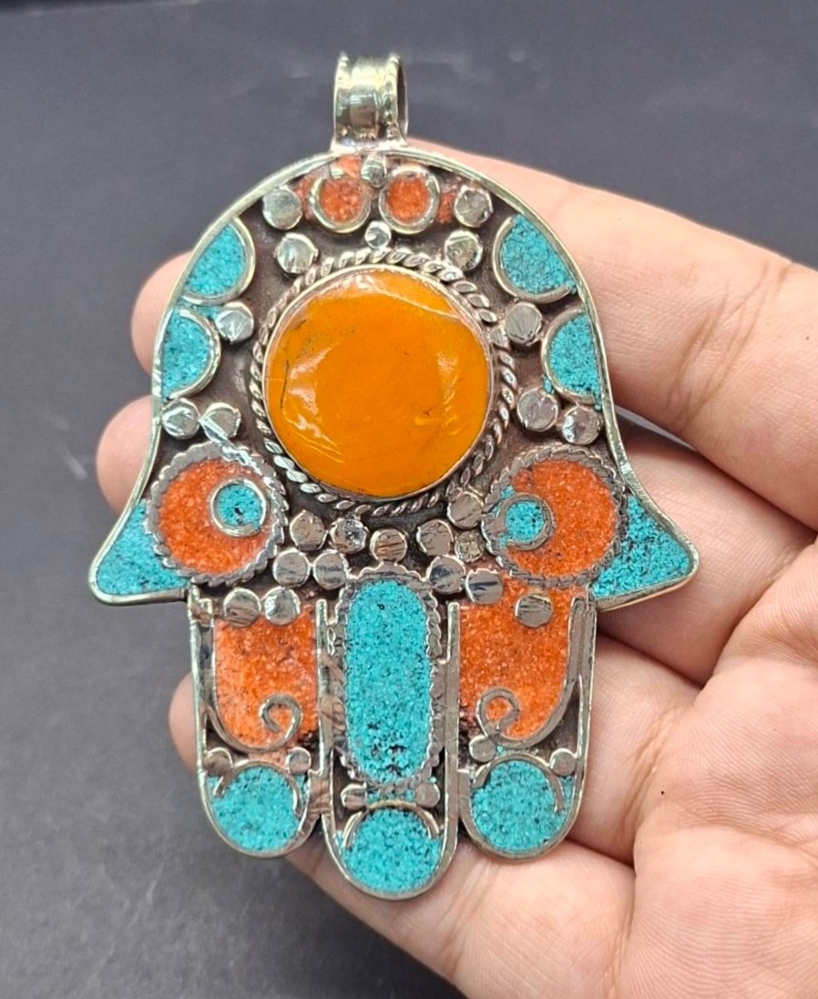 Unique Nepalese Tibetan Hamsa Pendant, Amber Beads Hand Of Fatima Hamsa Pendant