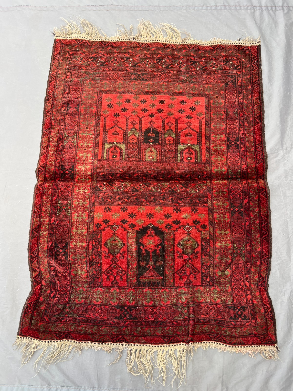 2’8×3’7 ft Antique Afghan Prayer Rug – Hand Knotted Wool, Vintage Red Carpet