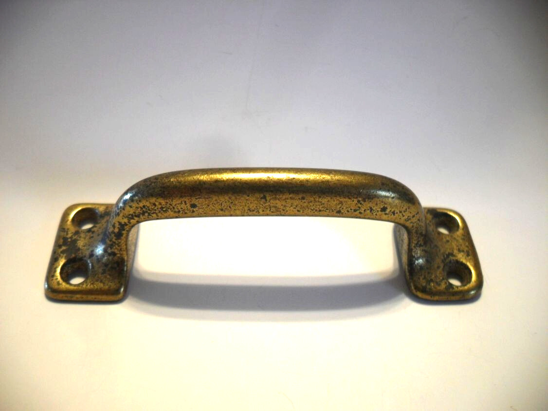 Vtg Antique Brass Plated Cast Steel Heavy Drawer Pull Cabinet Handle Sash Lift