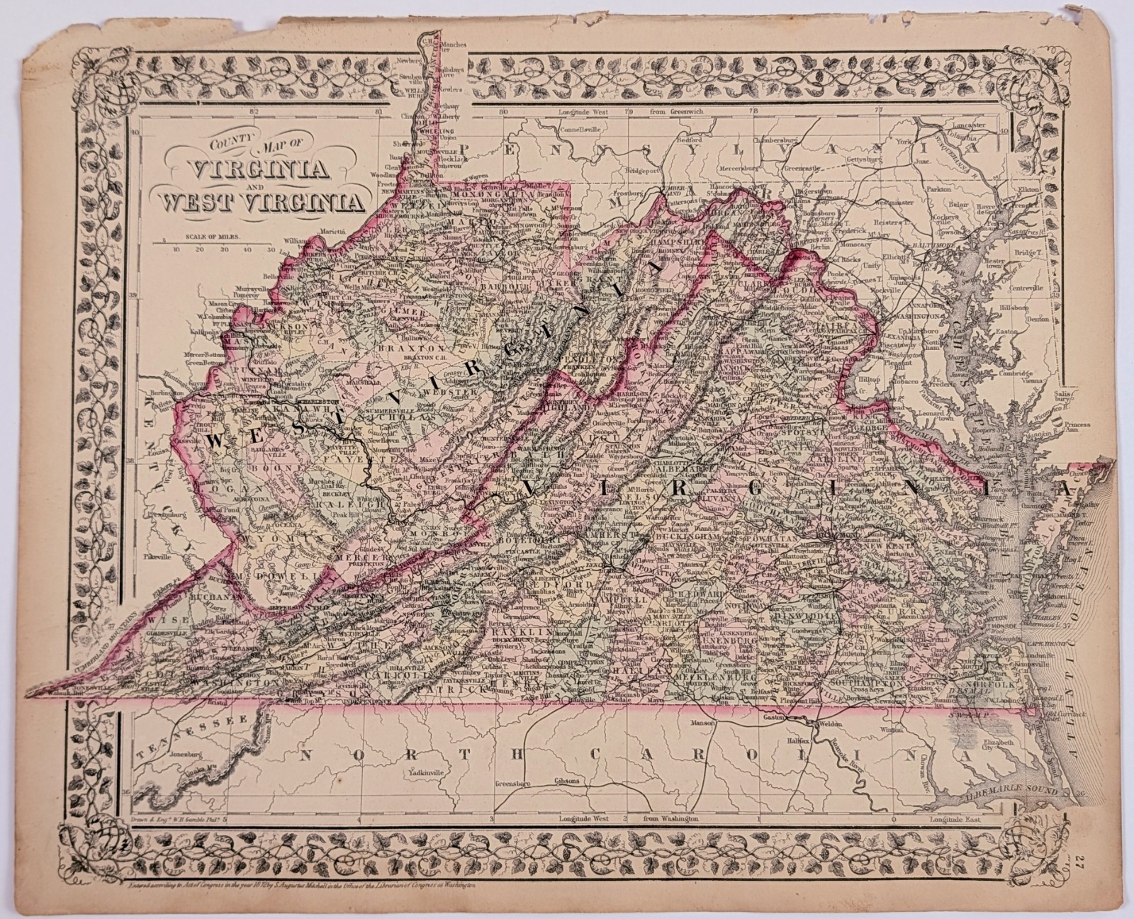1873 WEST VIRGINIA ~ VIRGINIA Map ORIGINAL Norfolk Richmond 14X11.5 Inches