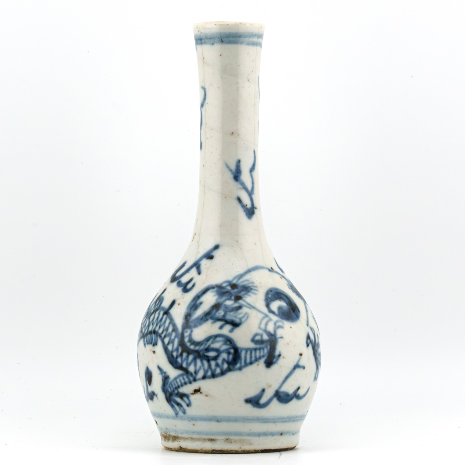 Chinese Porcelain Blue de Hue Dragon Bottle Vase Blue White Vietnamese 20C