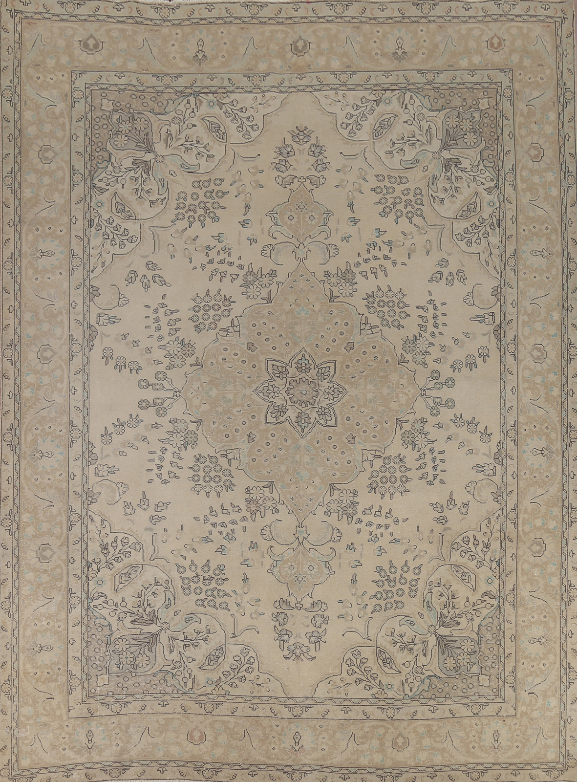 Vintage Traditional Ivory/ Beige Handmade Wool Tebriz Room Size Area Rug 10×12