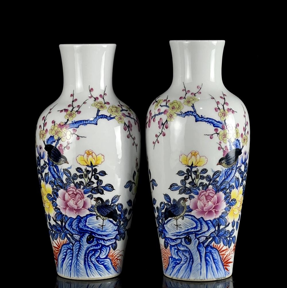 Pair Qianlong Signed Old Chinese Colour Enamel Vase W/bird U1583