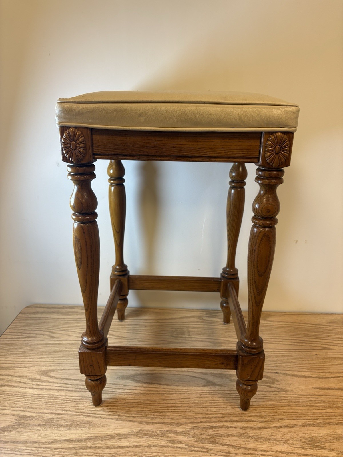 Vintage Pulaski Cream Vinyl MCM Carved Oak Stool