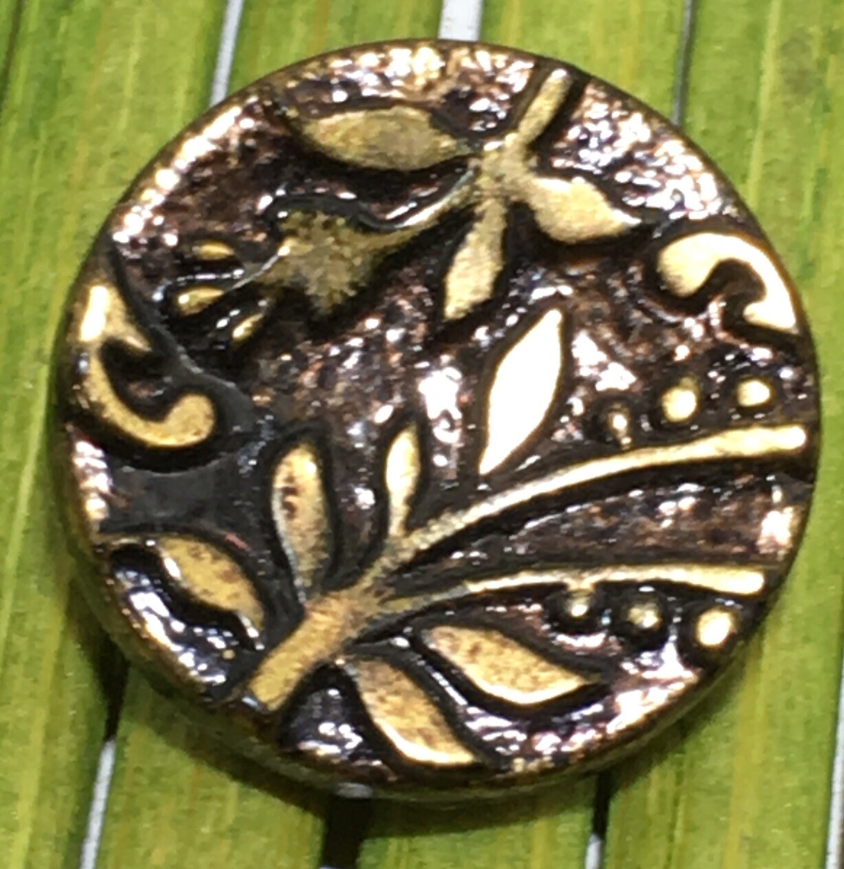 Antique Black Glass Button Gold Foil Embedded Fuchsia Floral Loop Shank 5/8″