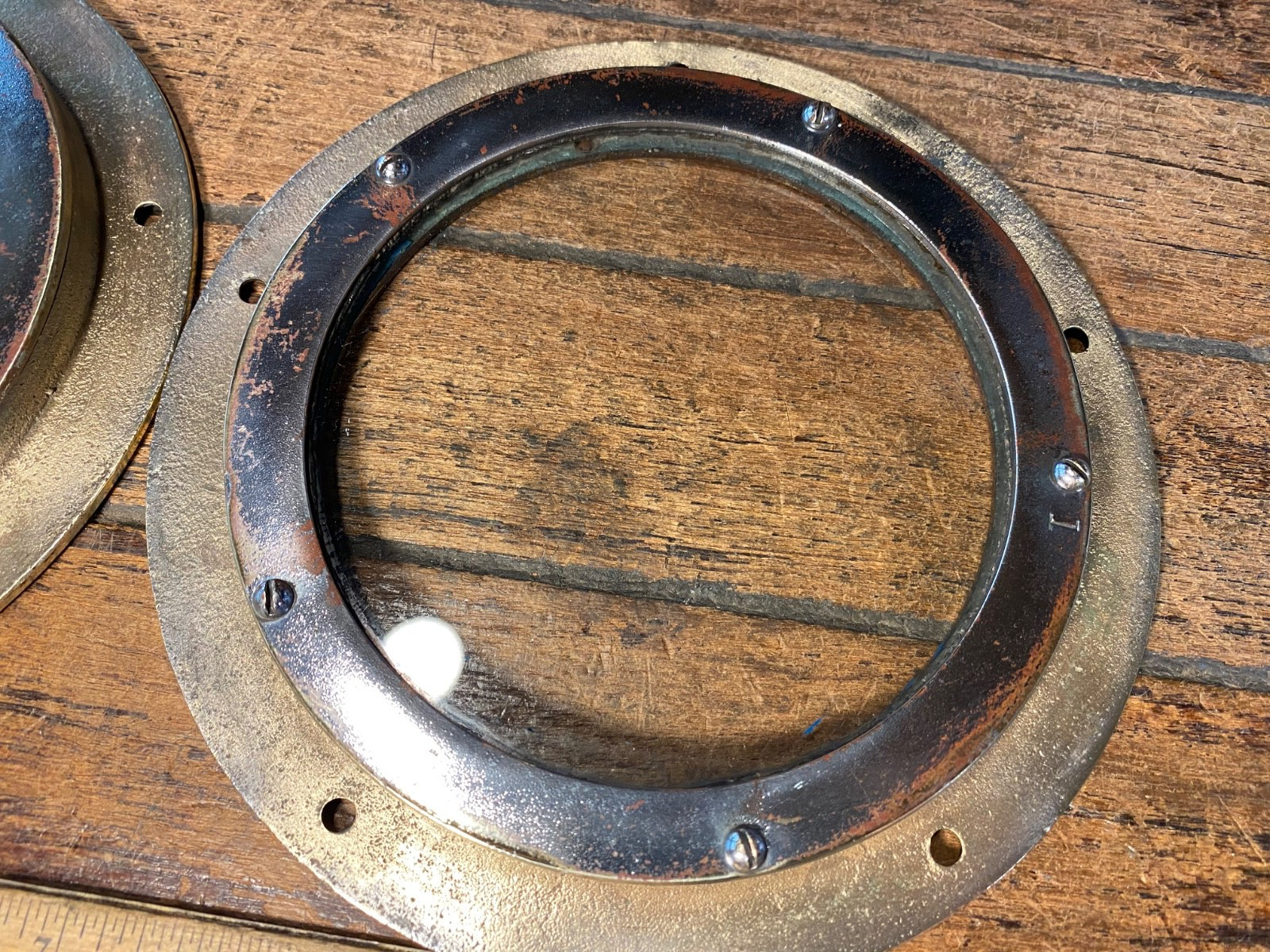 Pair(2) Vintage Polished Bronze Fixed Ports or Deck Deadlight 7 1/2″ OD 5″ Glass