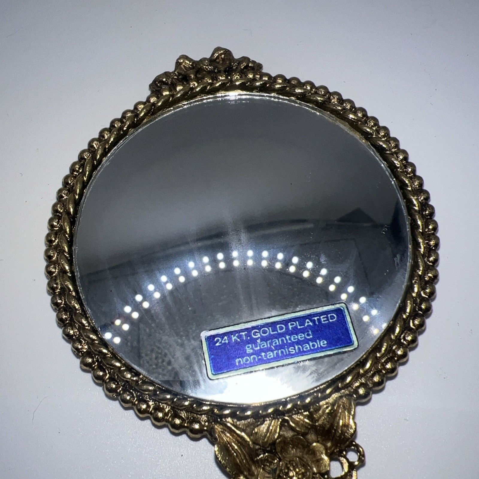 VTG Gold Plated Hand Mirror. HEAVY – 5 1/2″ LONG. Double Sided