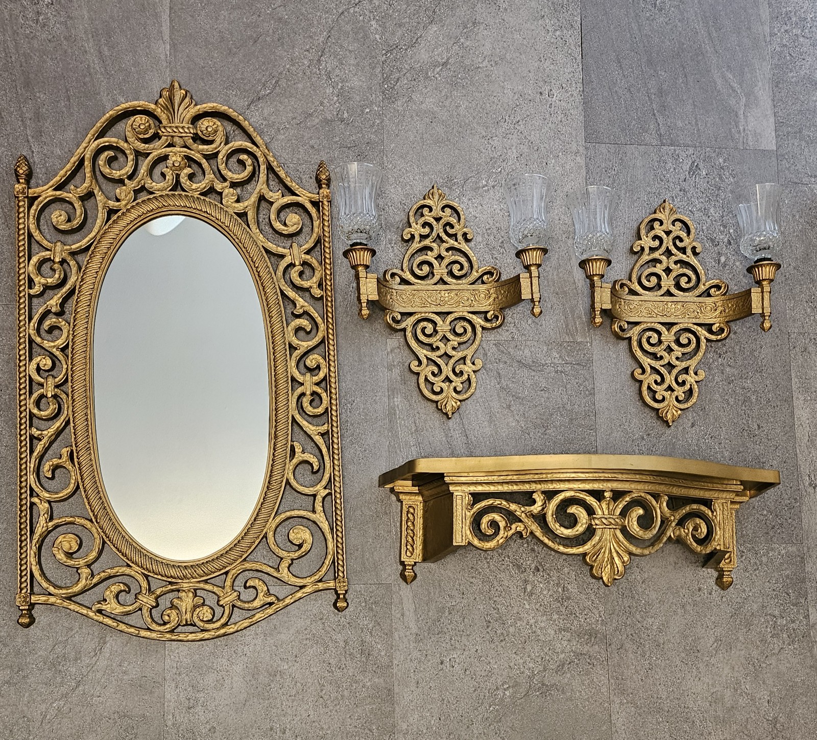 SYROCO GOLD WALL HANGING SET!MIRROR, SHELF, 2 SCONCES. MADE IN USA 1969