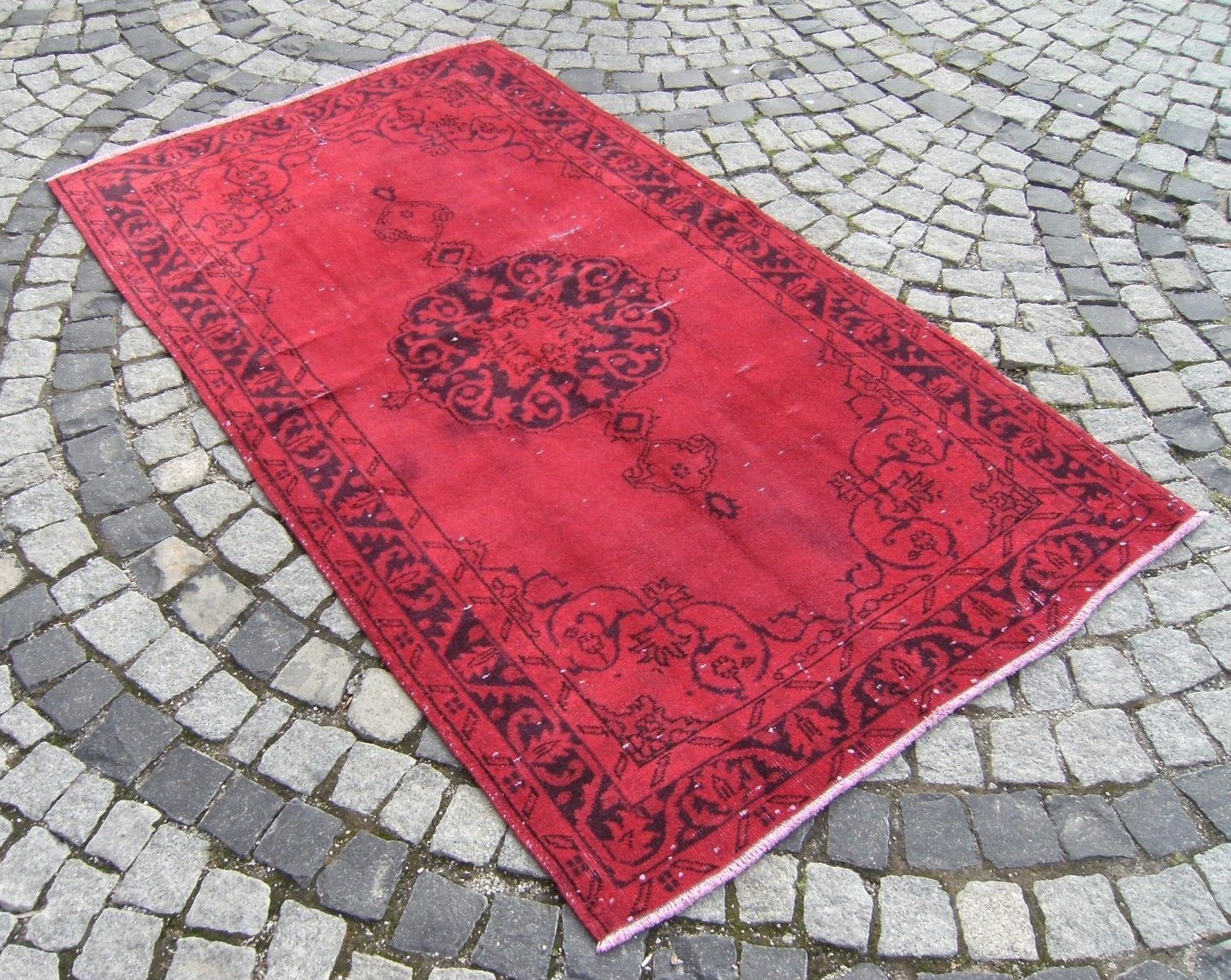 Vintage Turkish Rug 45” x 81” Hand-knotted Rug Over Dyed Red Color Wool Rug