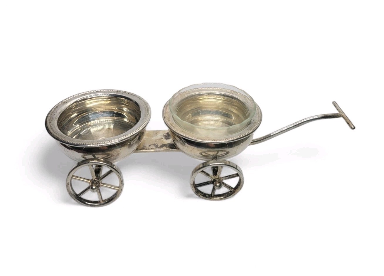 Antique Silver Plate Double Condiment Wheelbarrow Cart Server With Glass Insert