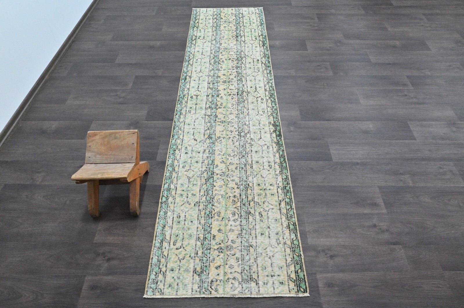 Vintage Turkish Runner Rug 2x9ft Wool Anatolian Handmade Hallway Oushak GREEN
