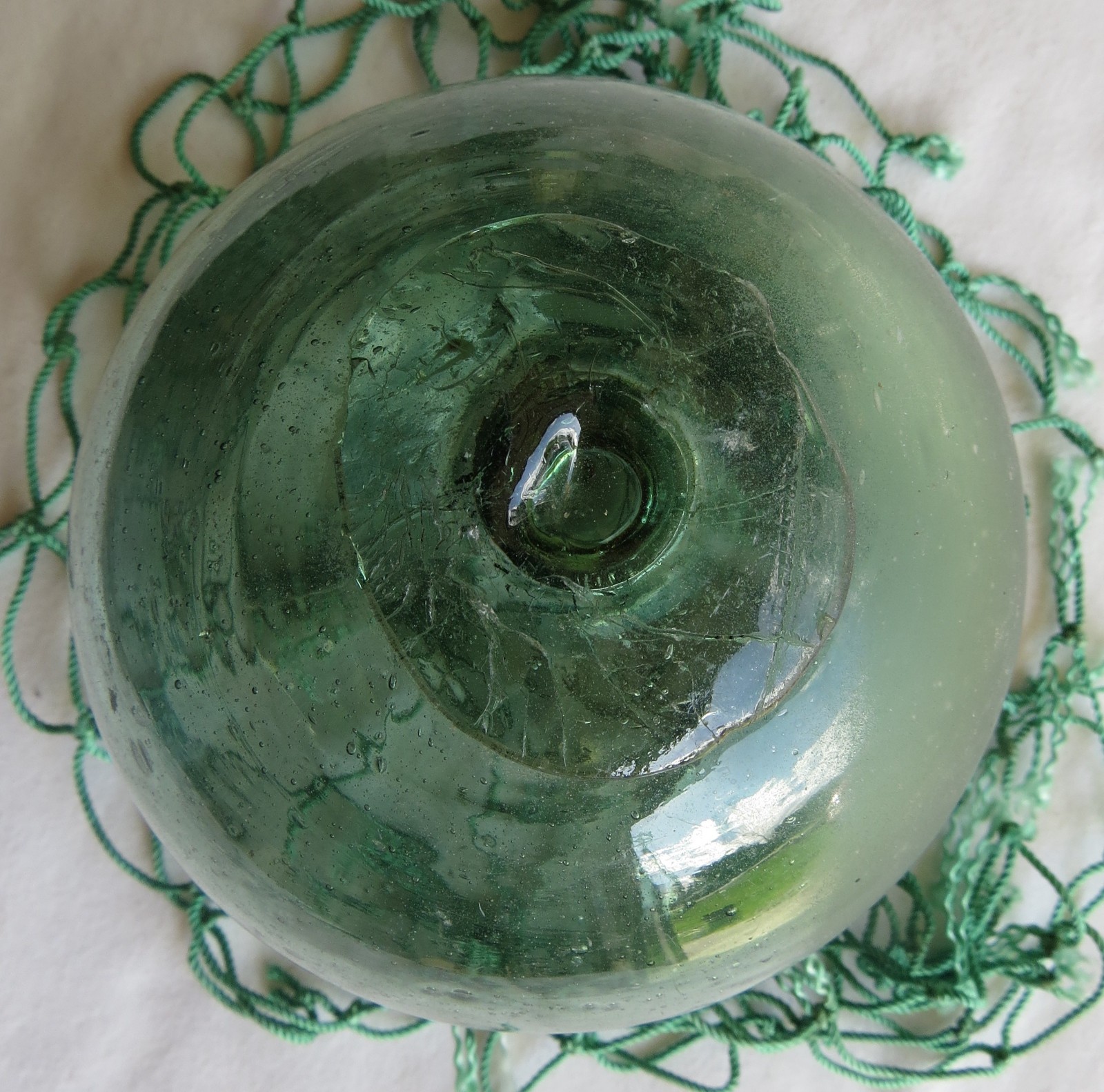 JAPANESE GLASS FISHING FLOAT 4.75″ Sea Green Glazed Bubbles Antique +Net USA BZ