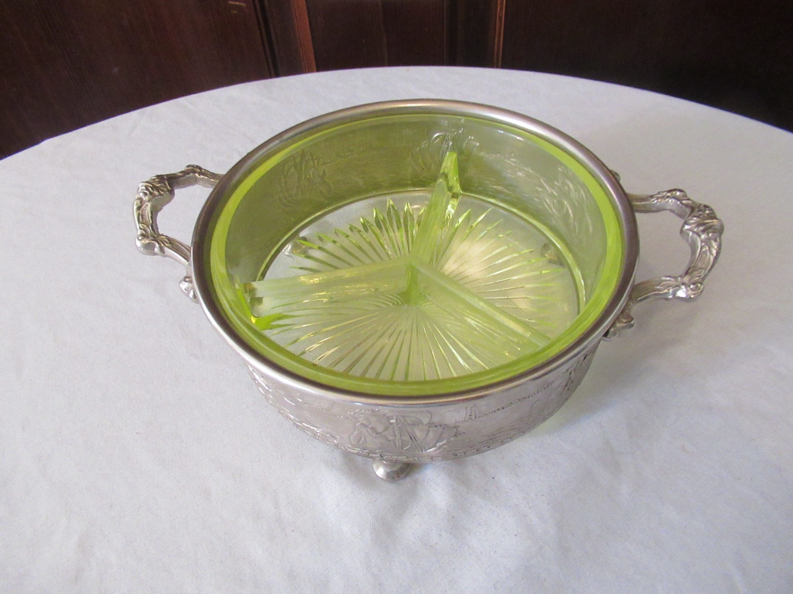 Vintage Forman Bros Inc. N.Y. SILVER TRAY & 3 SECTION URANIUM GLASS DISH