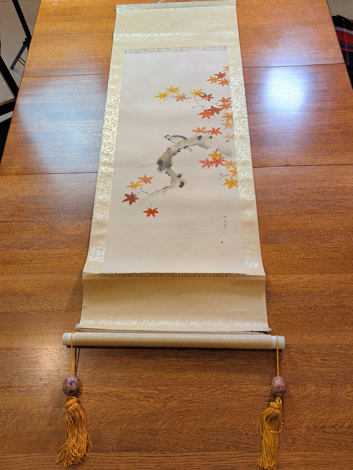 Vintage Japanese Hanging Scroll Kakejiku Autumn Maples Leaves & Bird Signed 4 Ft