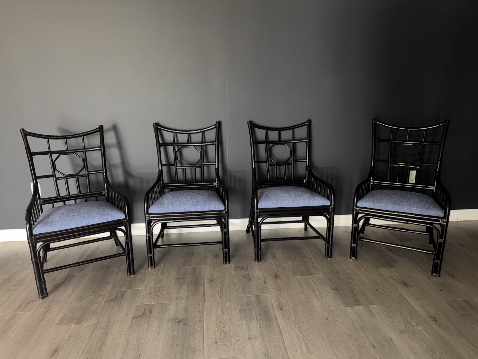 Vintage PALECEK Medallion Back Rattan Arm Chairs Set of 4 Mid Century