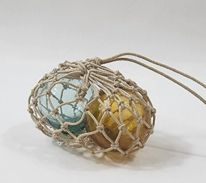 2 Vintage Glass Nautical Rope Fishing Buoy Blue and Yellow Blown Glass 2″ each