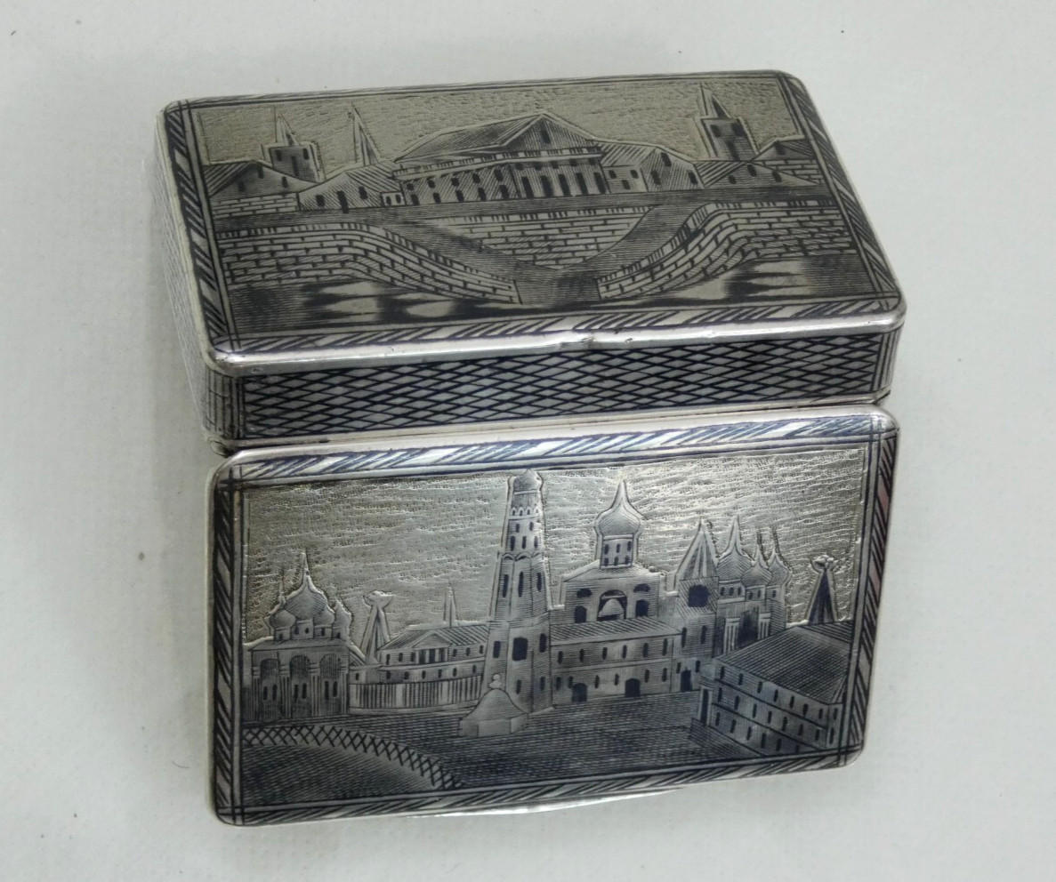 RARE ANTIQUE IMPERIAL RUSSIAN 84 SILVER NIELLO SNUFF BOX ARCHITECTURAL 1821-1856