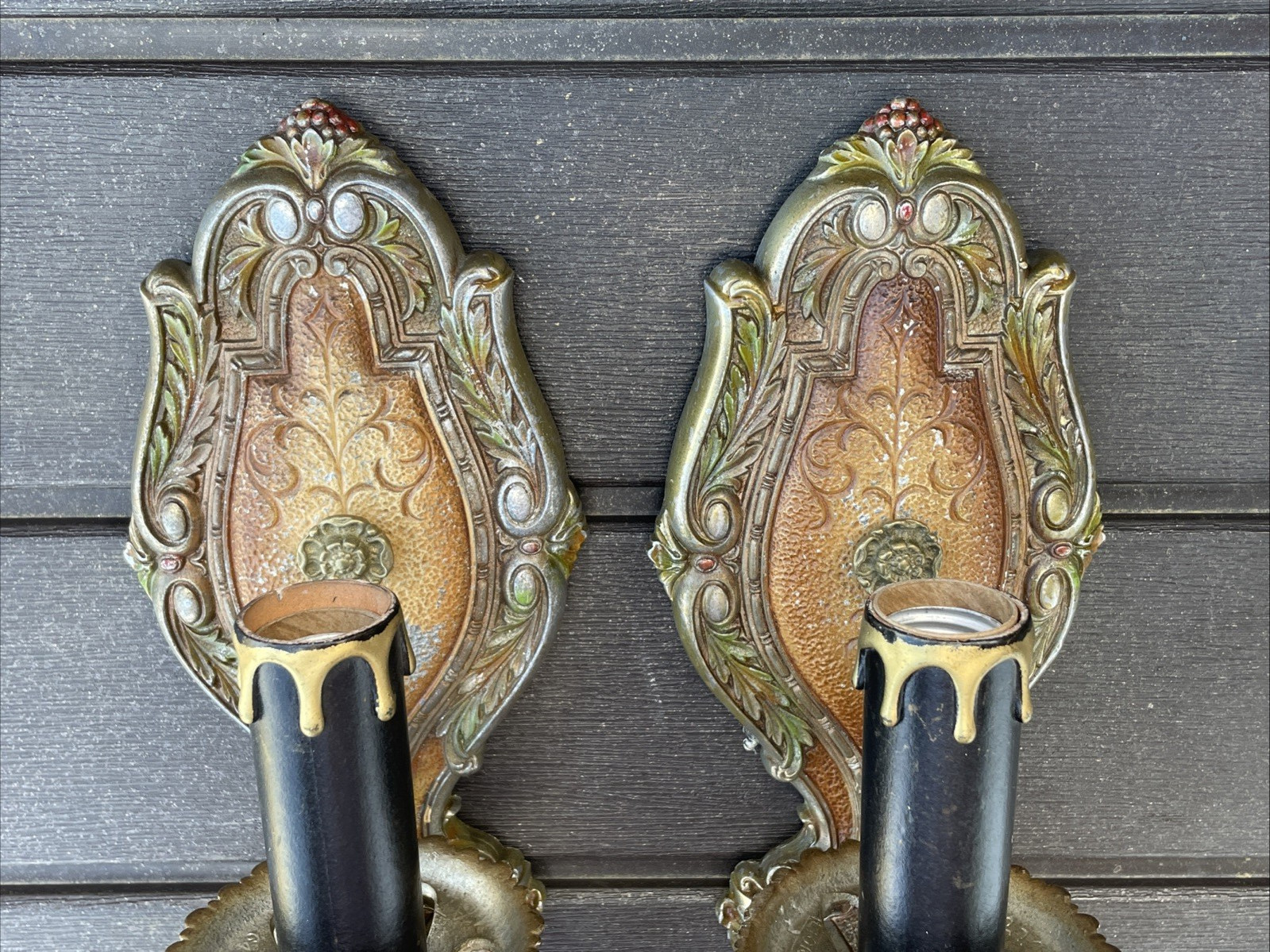 REWIRED Pair Antique Vtg Polychrome Wall Sconces Arts & Crafts, Deco 1920s 1930s