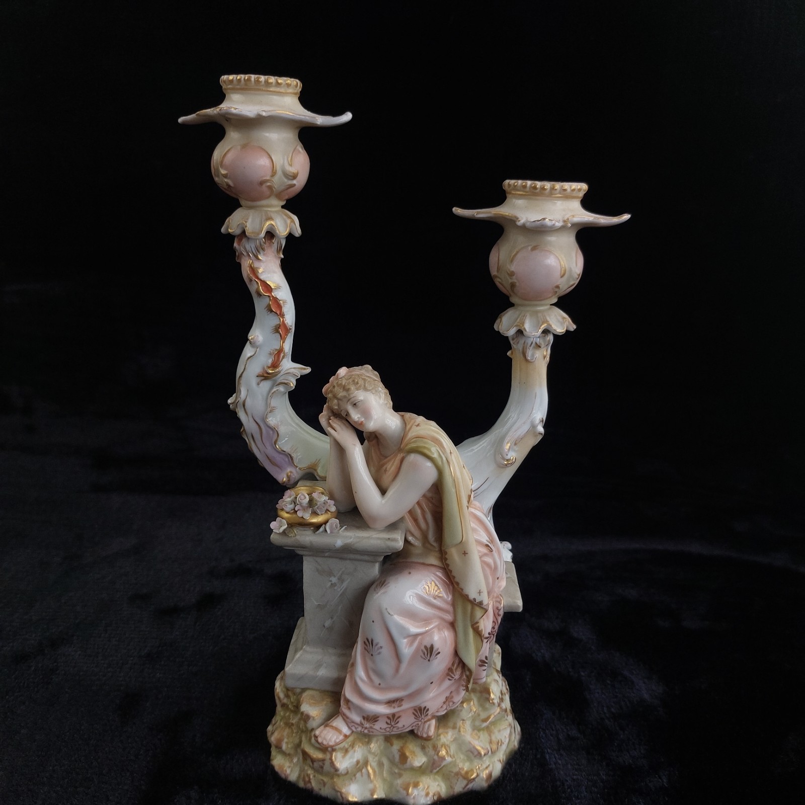 Antique Victorian German Porcelain Flowerscandle hold Candelabra Lady Gold Gilt