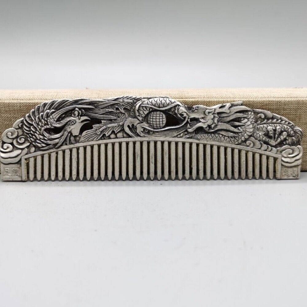 Old Chinese tibet silver handcarved Dragon Phoenix Comb statue f501