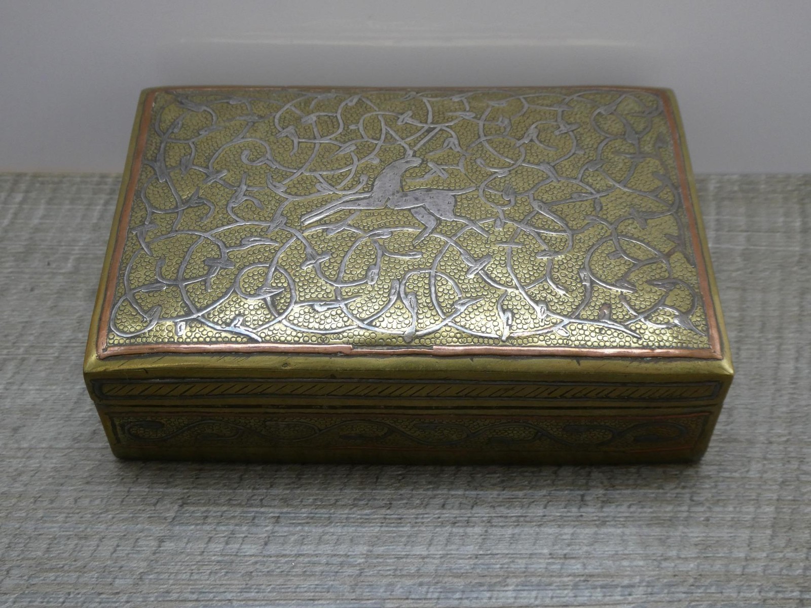 Vintage Arabic Islamic Arabic Cairo Ware Damascus Copper Silver Inlaid Brass Box