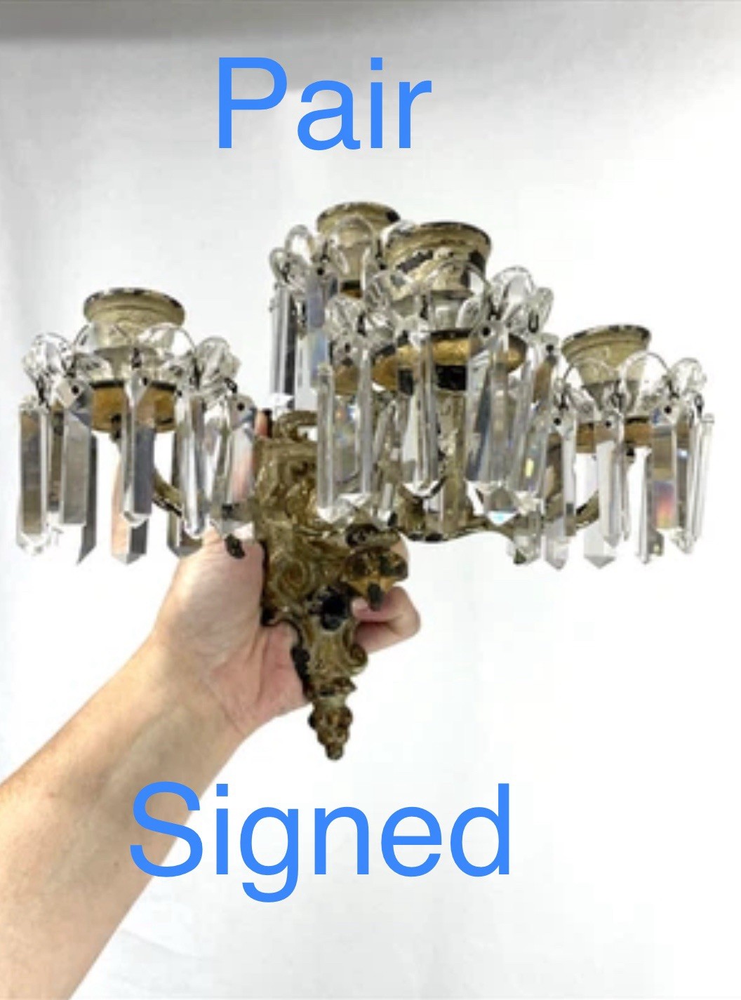 BACCARAT Pair Antique Vtg Crystal Wall Sconces Candelabras 4-Arm Candle Holders