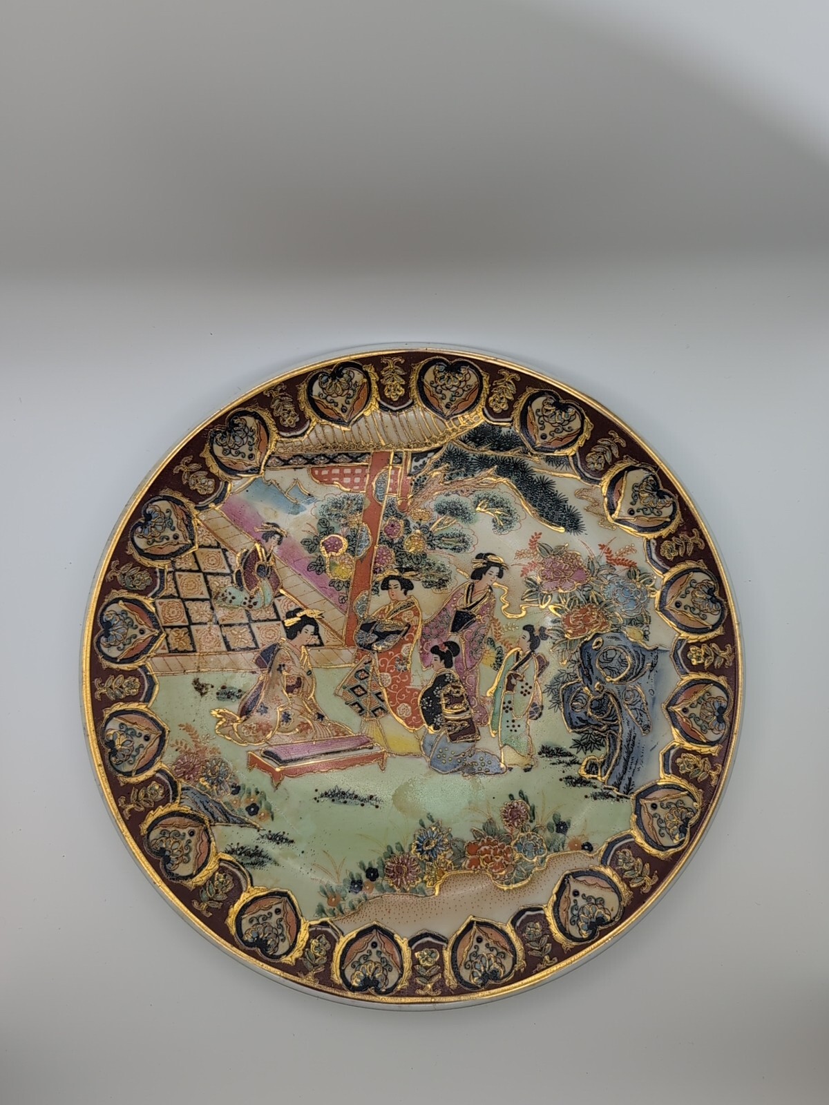 Vtg Satsuma Hand painted Moriage Plate Geishas in Garden 10.25″ Gold Trim