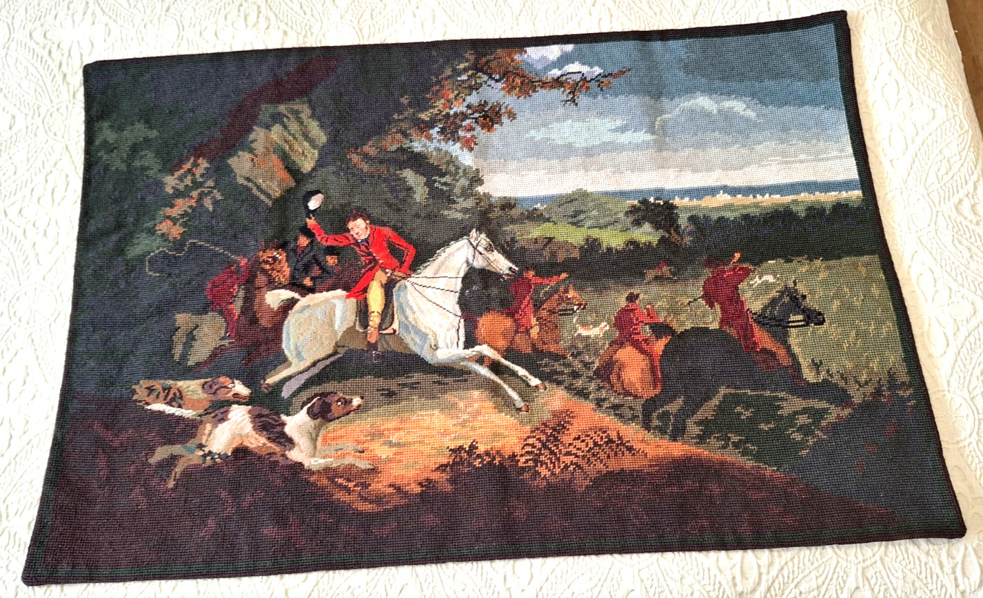Vtg Needlepoint Tapestry Wall Hanging Hunting Scene Bombay Co 2’x3′ R. Lauren