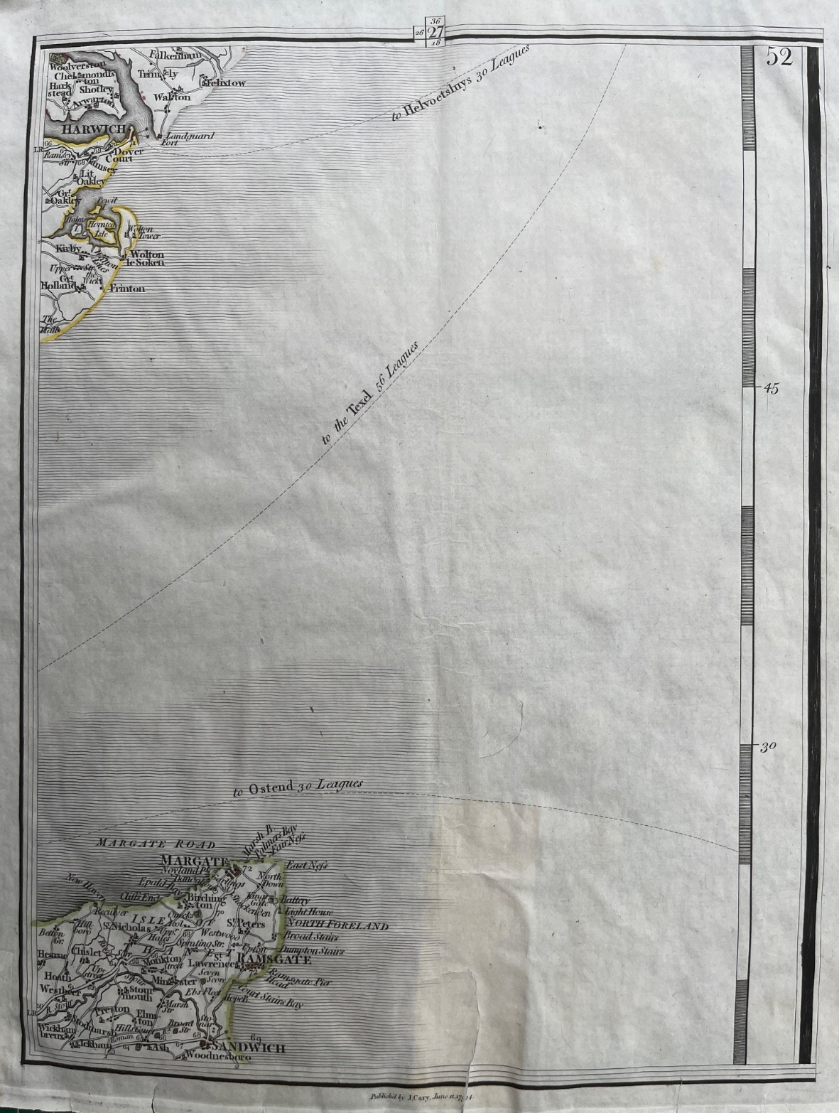 1794 Antique Map; Margate, Ramsgate, Harwich environs, Kent / Essex. John Cary