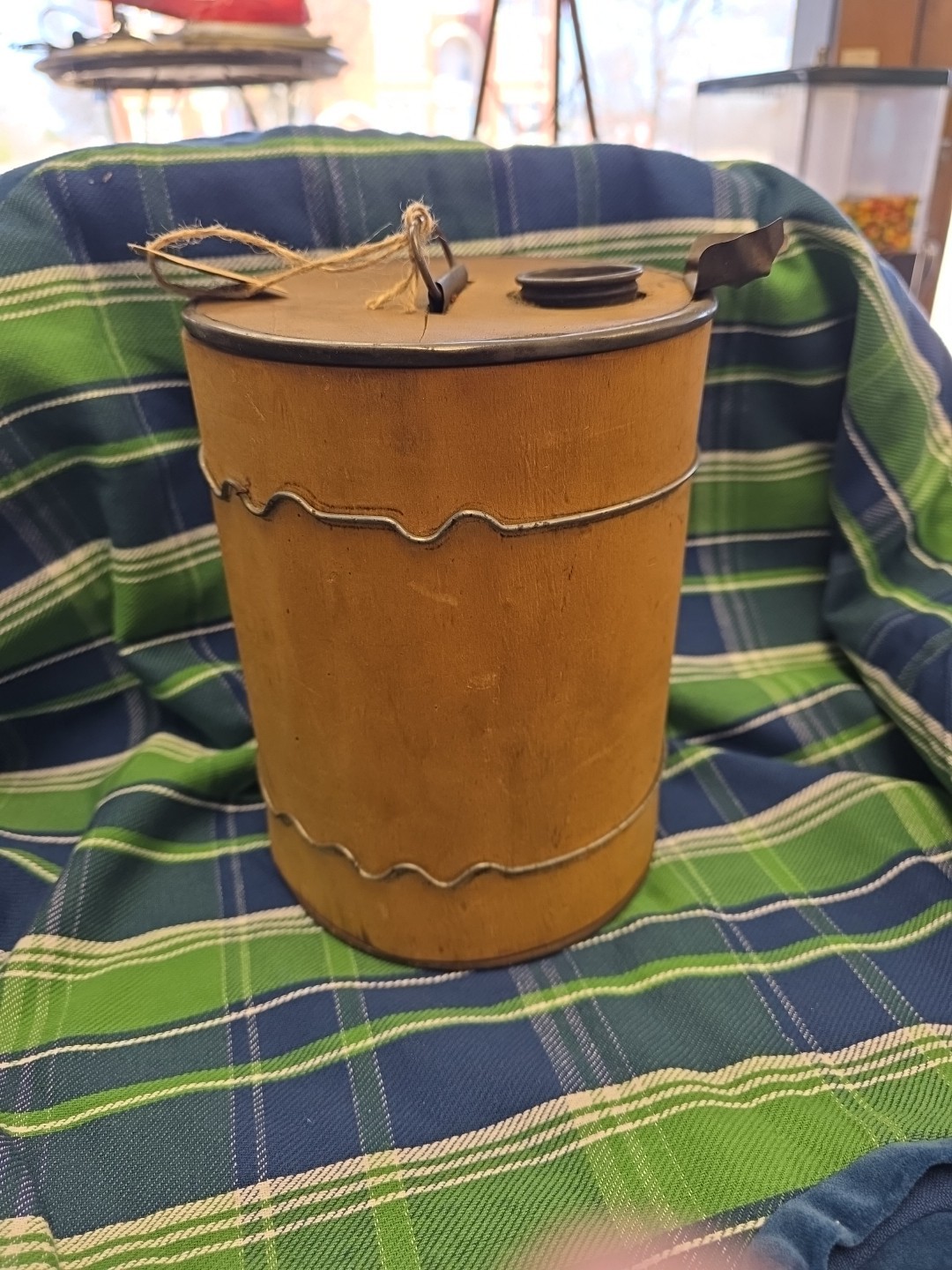 Antique Wood Wrapped Tin Can Rustic Primitive Decor Canister metal paint Vintage